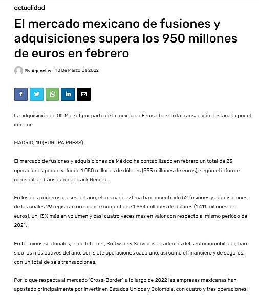 El mercado mexicano de fusiones y adquisiciones supera los 950 millones de euros en febrero